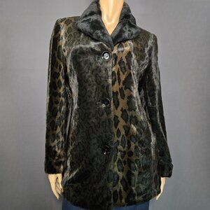 Y2K Leopard Faux Fur Coat Jacket Size S Black Brown Glam Luxurious Velvety